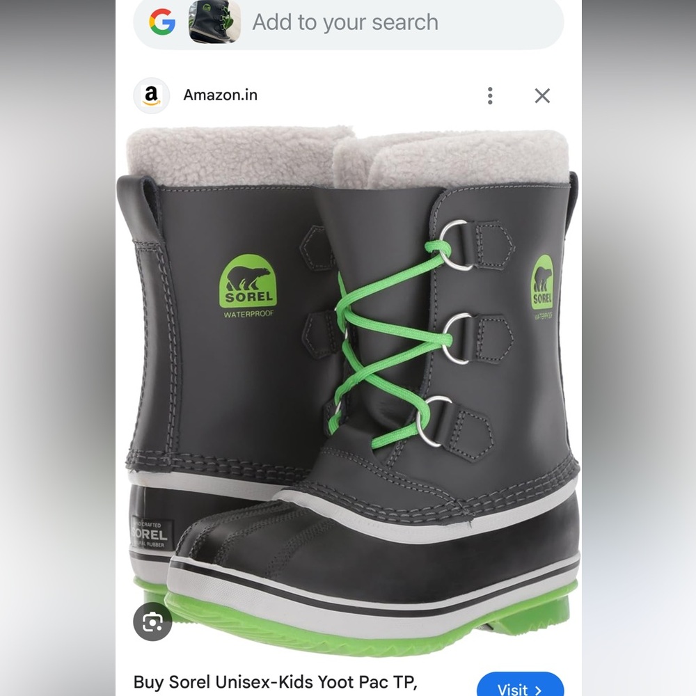 Sorel Kids Yoot Pac TP Boots - Black with Green Laces - Picture 1 of 4